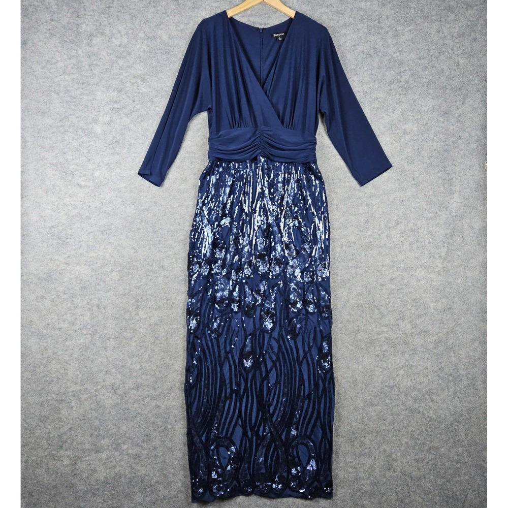 Brianna Womens Blue Gown Size 12 Poly Blend Sequin Surplice V-Neck Ruched Formal